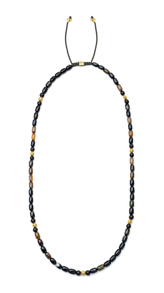 necklace with black agate ebony wood and gold plated  silver beads in gold 