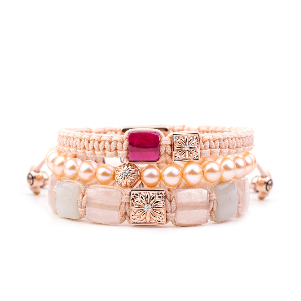 rose gold bracelet stack; pink  bracelet stack "the sakura" bracelet stack by mahigan jewelry