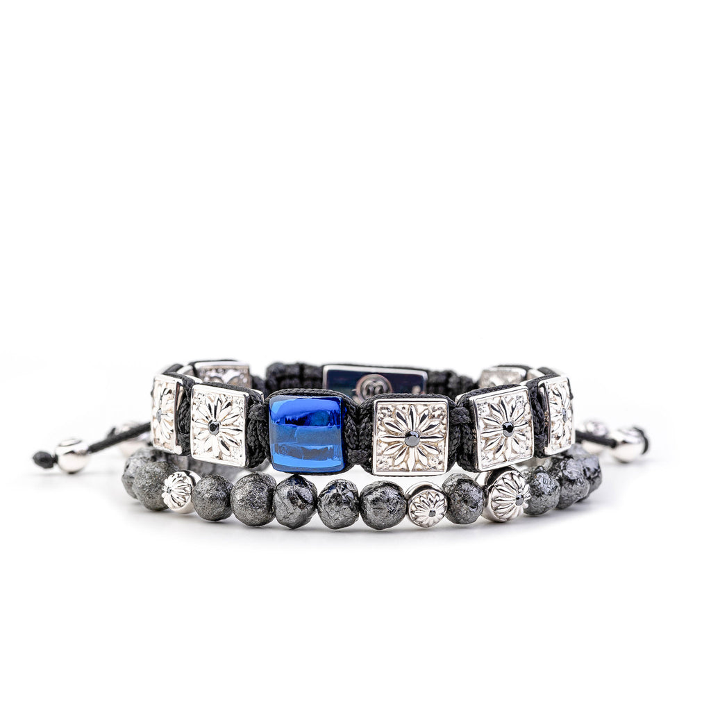 silver macrame bracelet stack with square silver bead s and raw diamond beads - the aurora 02