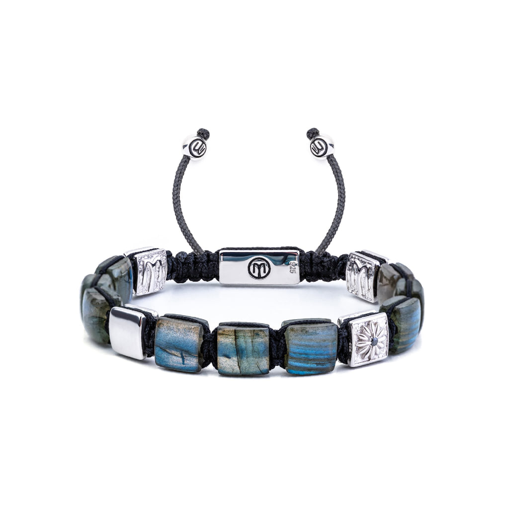 silver flat-bead  braided bracelet with flat square labradorite beads and silver - Aurora Borealis 