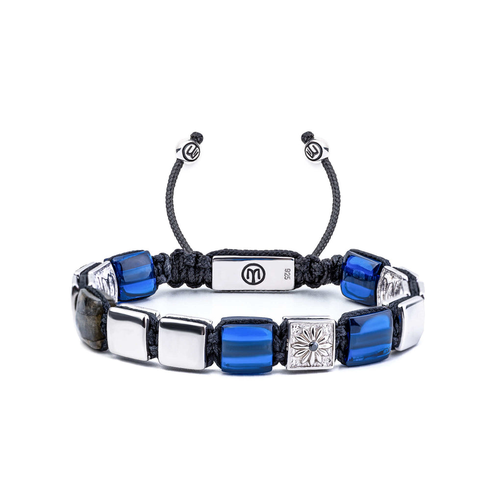 silver macrame bracelet with blue sapphires