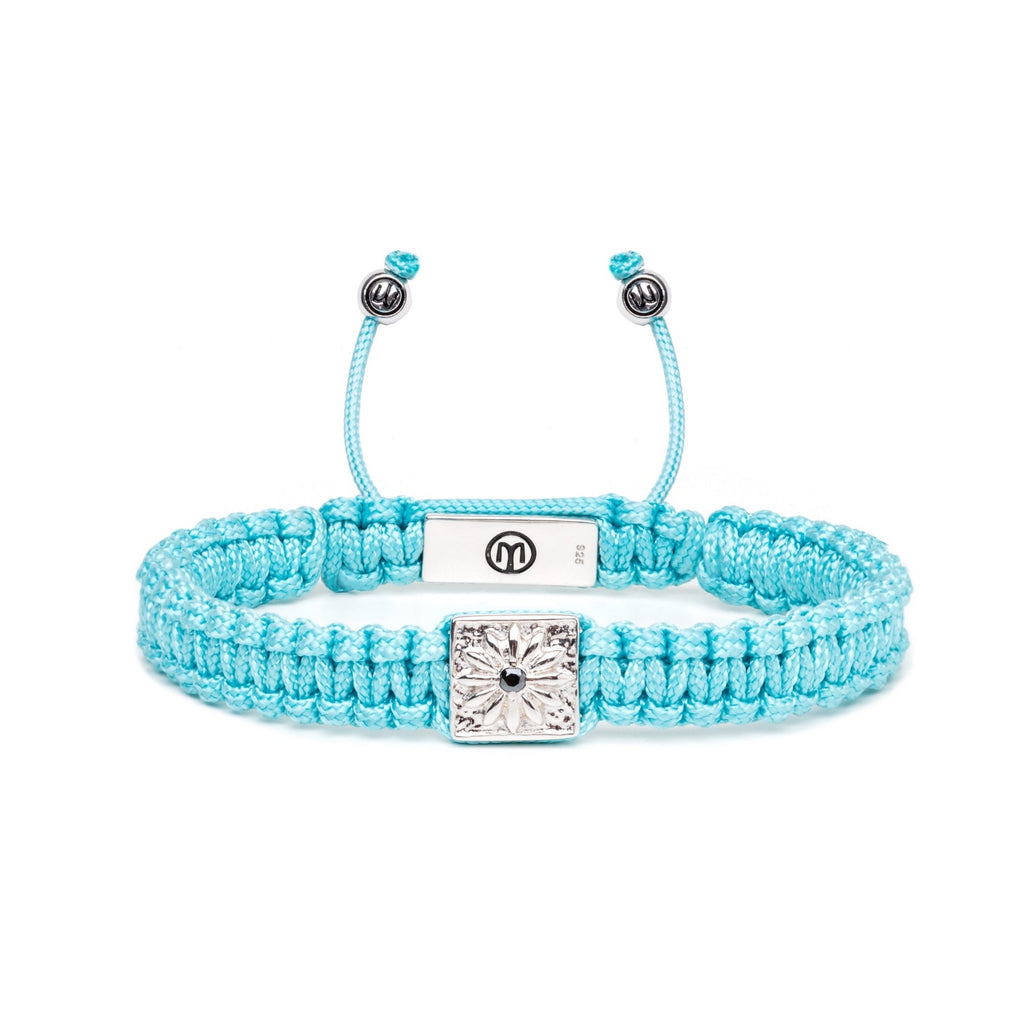 Turquoise Macrame Bracelet with silver on a white background