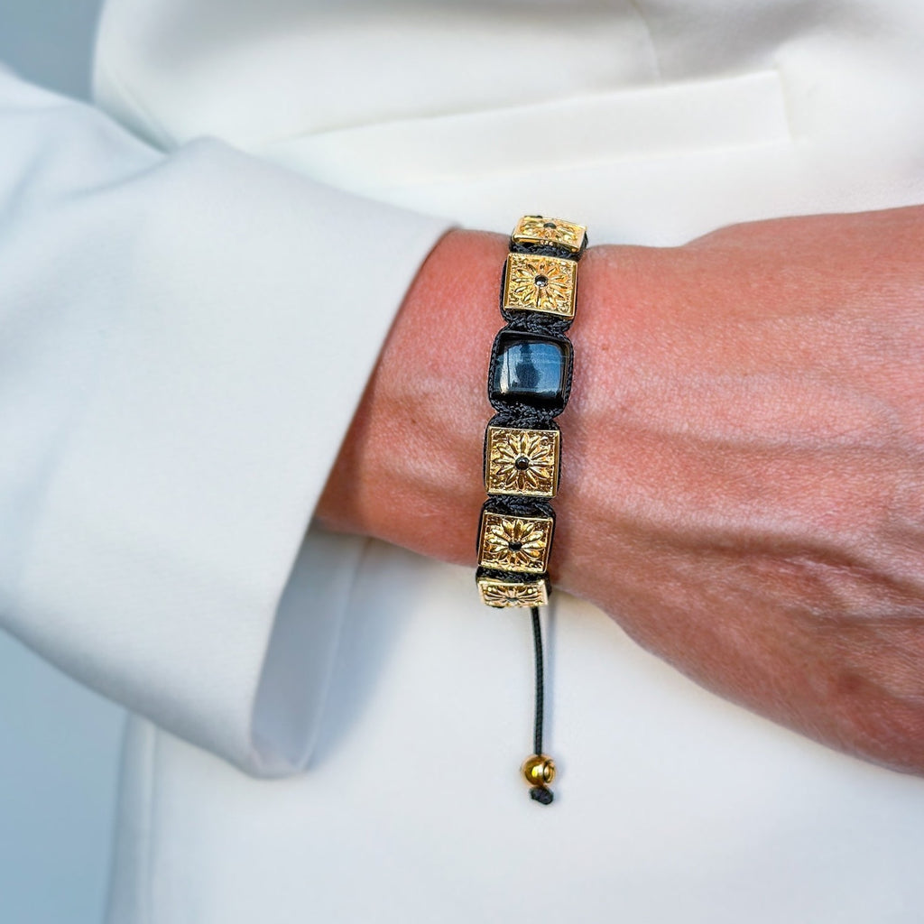 gold macrame bracelet with black - the guardian