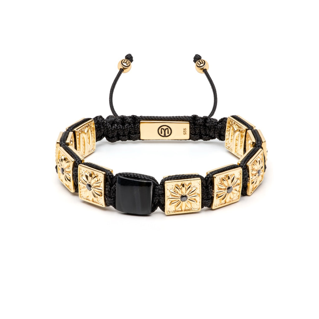 gold macrame bracelet with balck diamonds and black tiger eye
