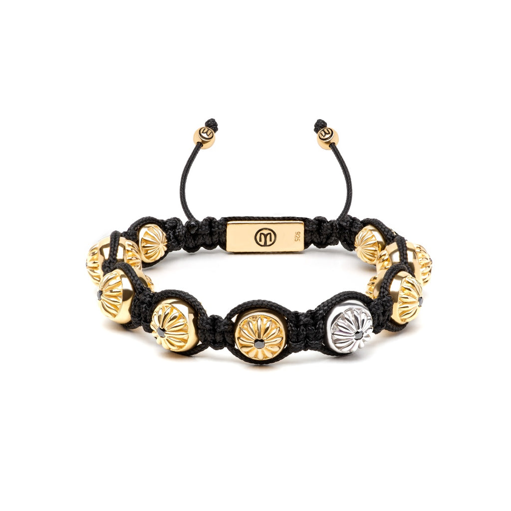 macrame bracelet with black string and gold round beads with incorporated black moissanites  the maverick 