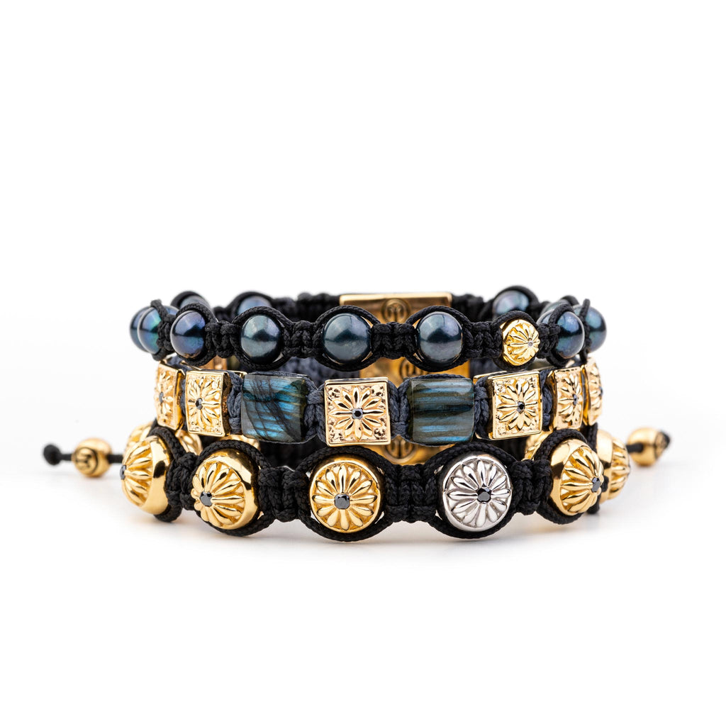 bracelet stack in gold with labradorite and black pearls the midnight  boston 