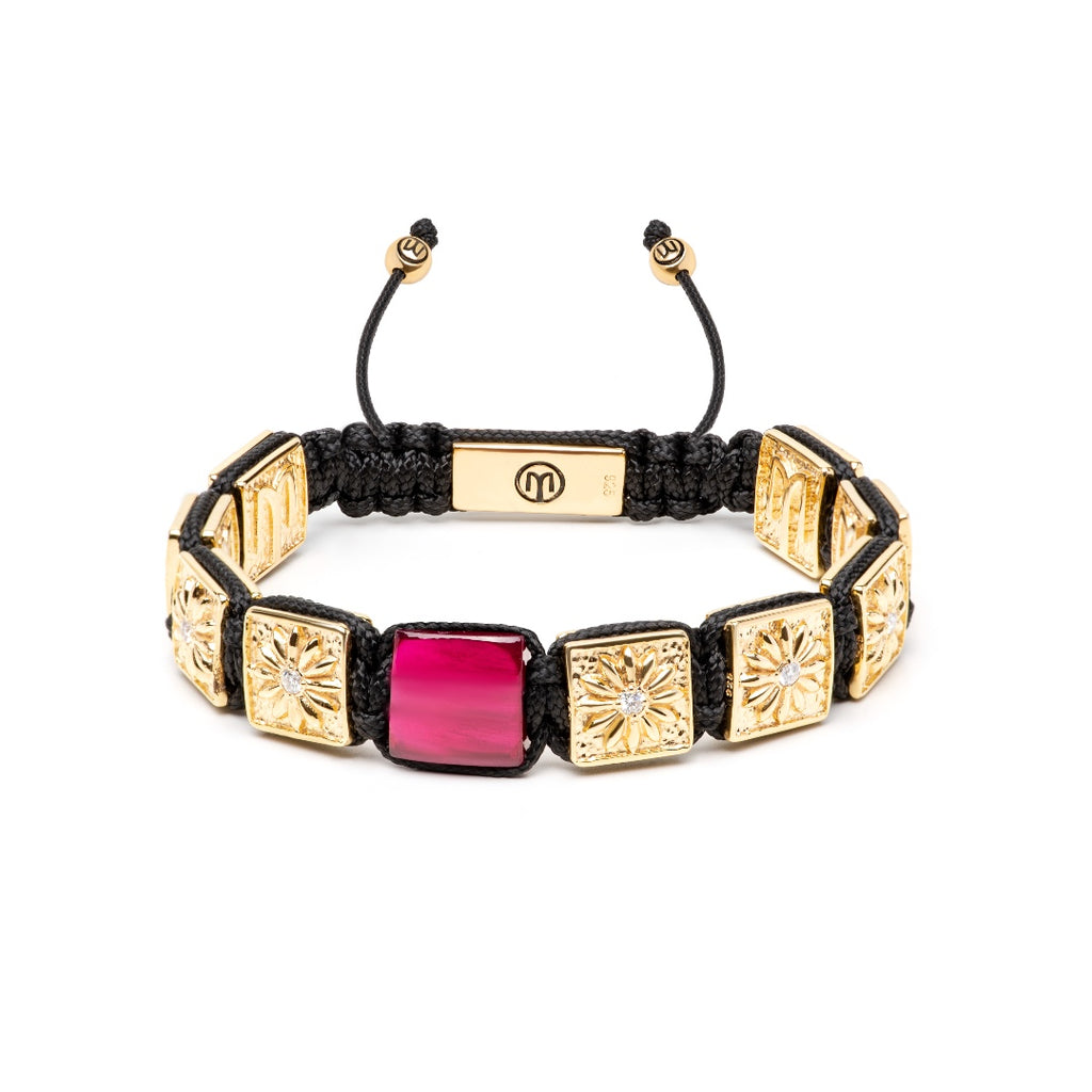 gold macrame bracelet with ruby and black string - the guardian