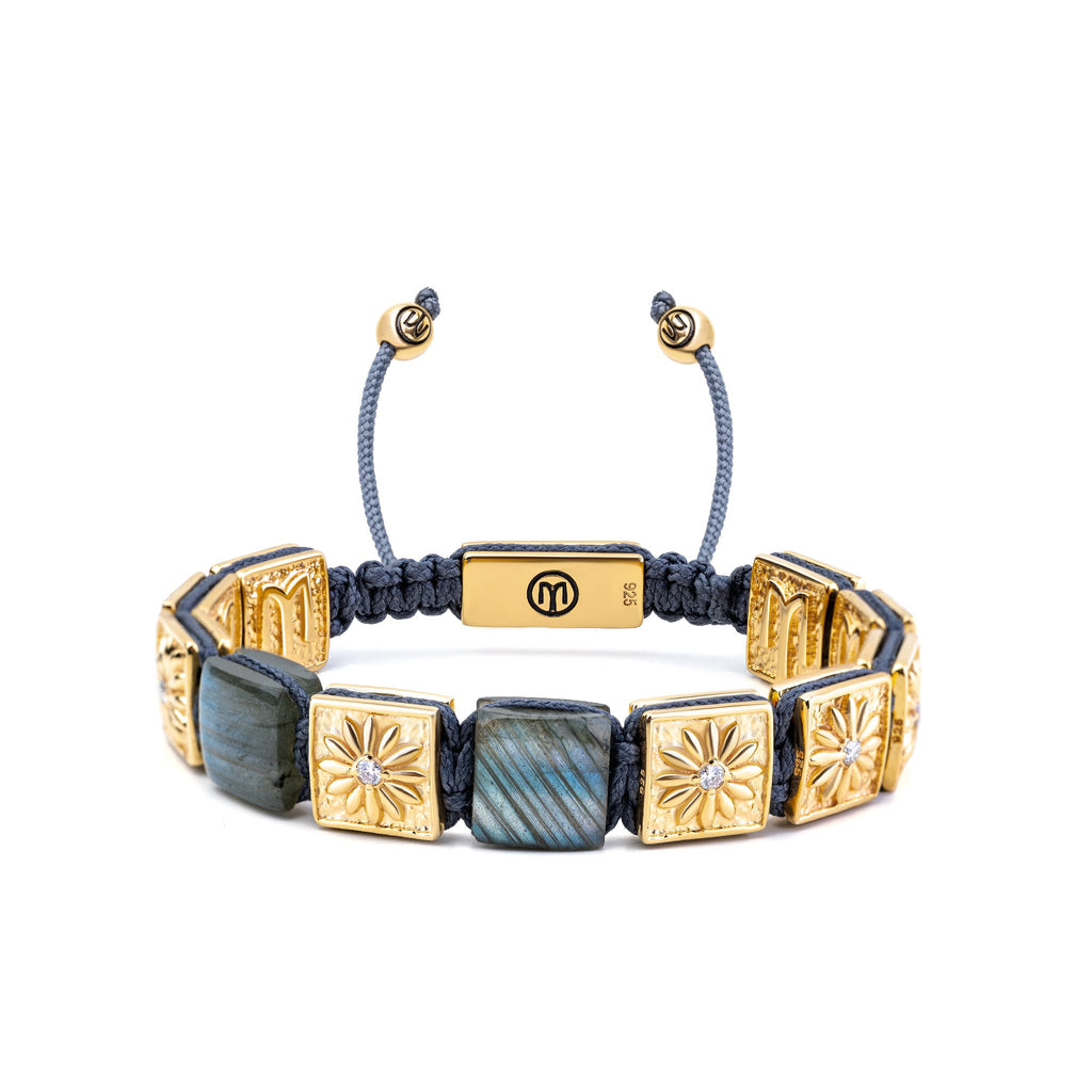 gold flat-bead bracelet with labradorite and white moissanites 
