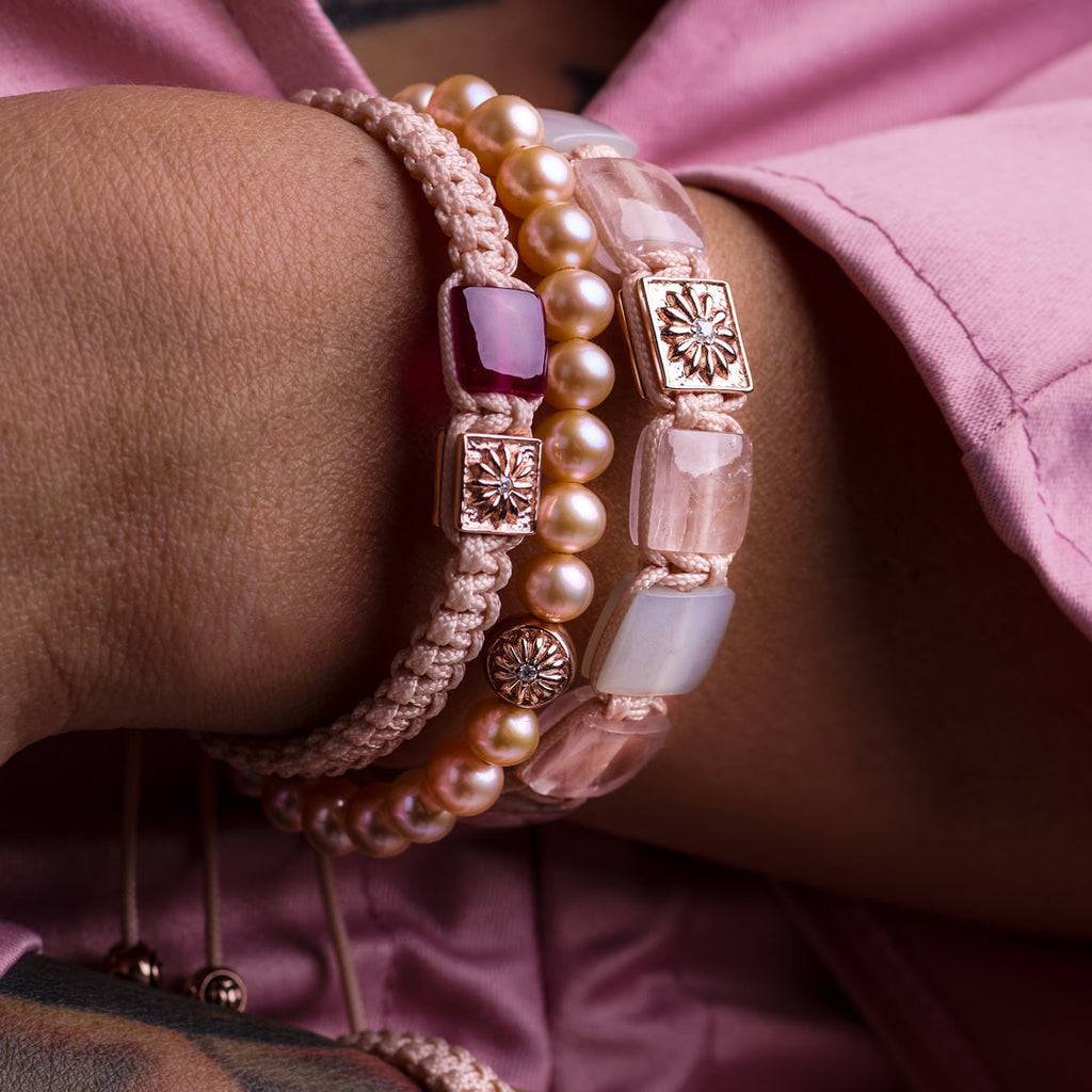 shamballa braided pink bracelets with pink pearls; rose quartz and ruby - the sakura bracelet stack by mahigan jewelry