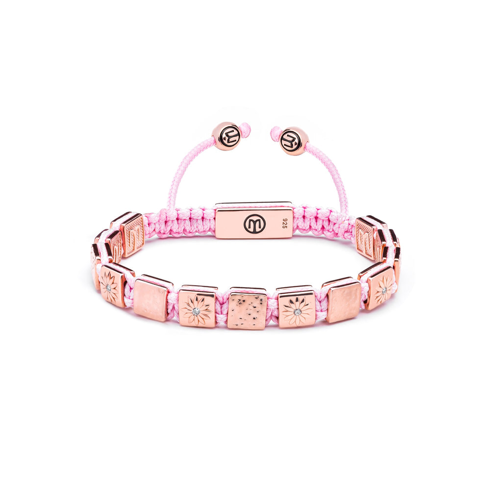 pink  braided flatbead bracelet with rose gold square beads and pink cord - the traveler