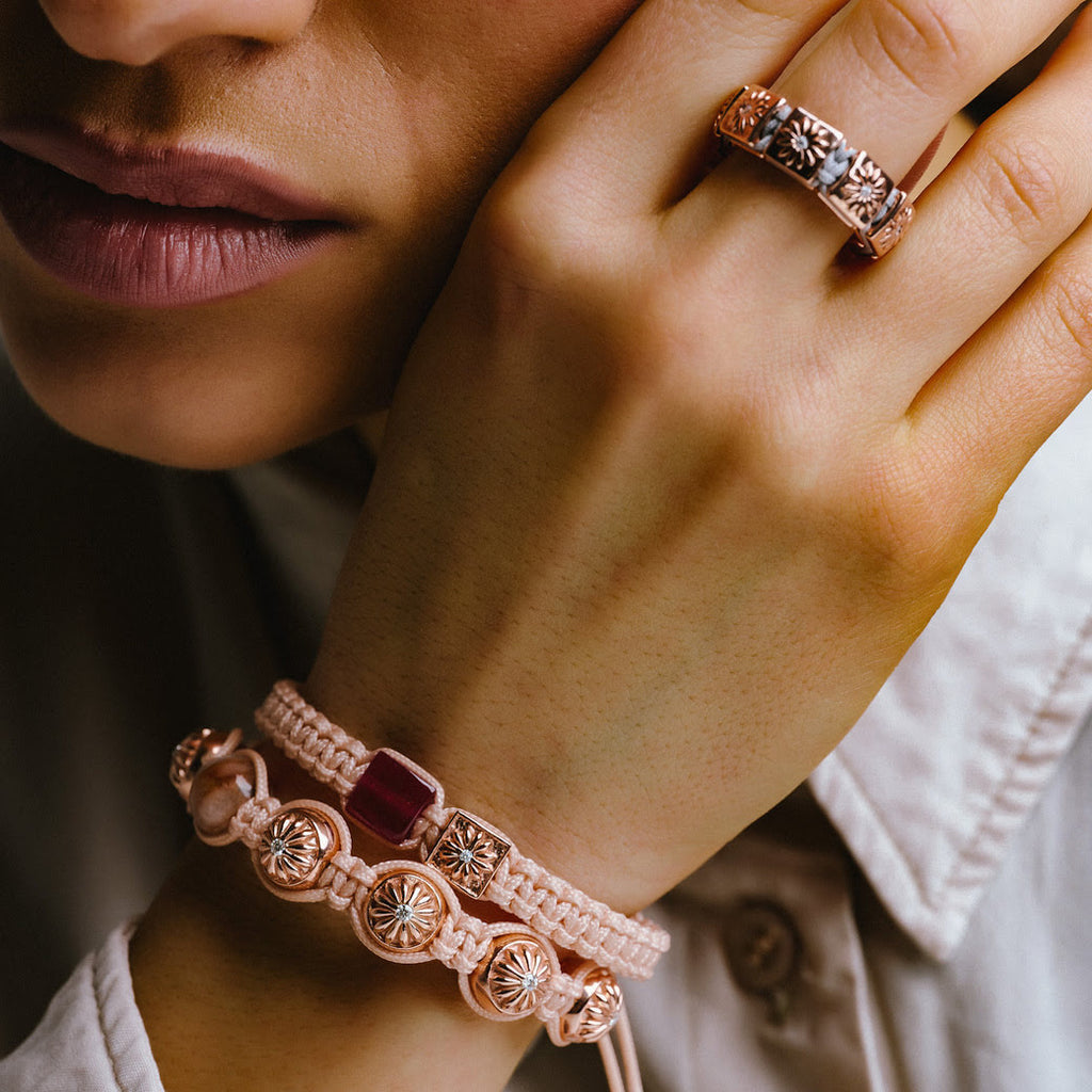 rose gold bracelet stack and rose gold ring mahigan jewelry 
