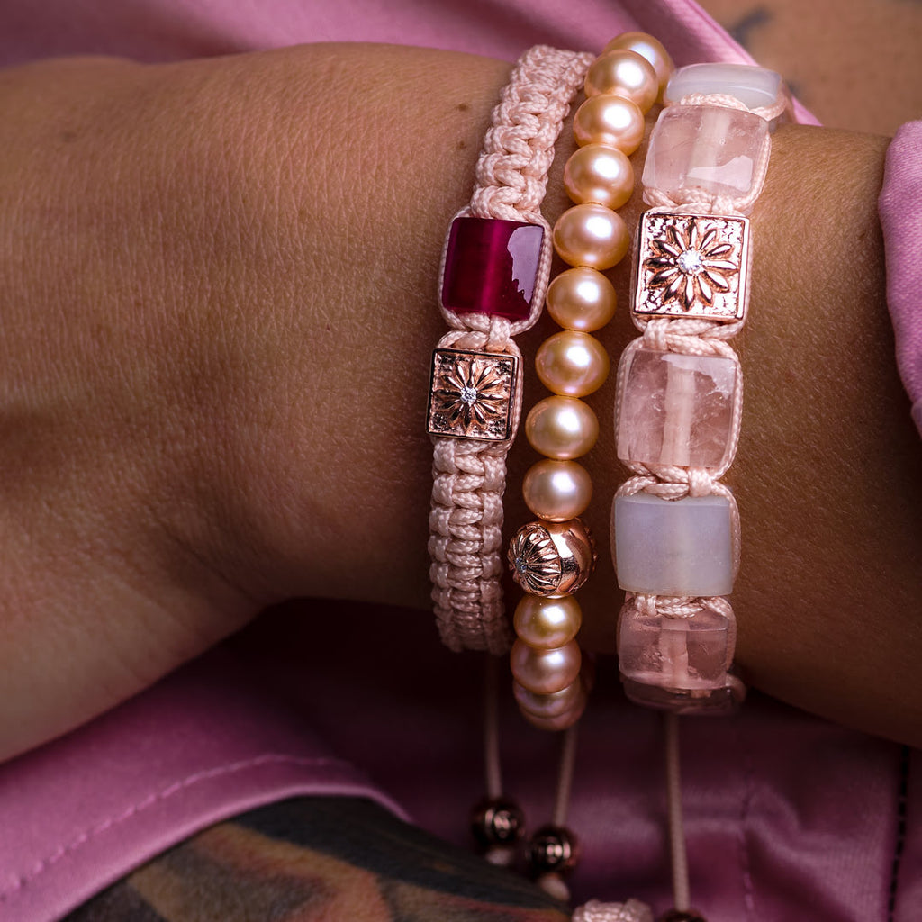 rose gold bracelet stack with pink cord and ruby "the sakura stack" by mahigan jewelry