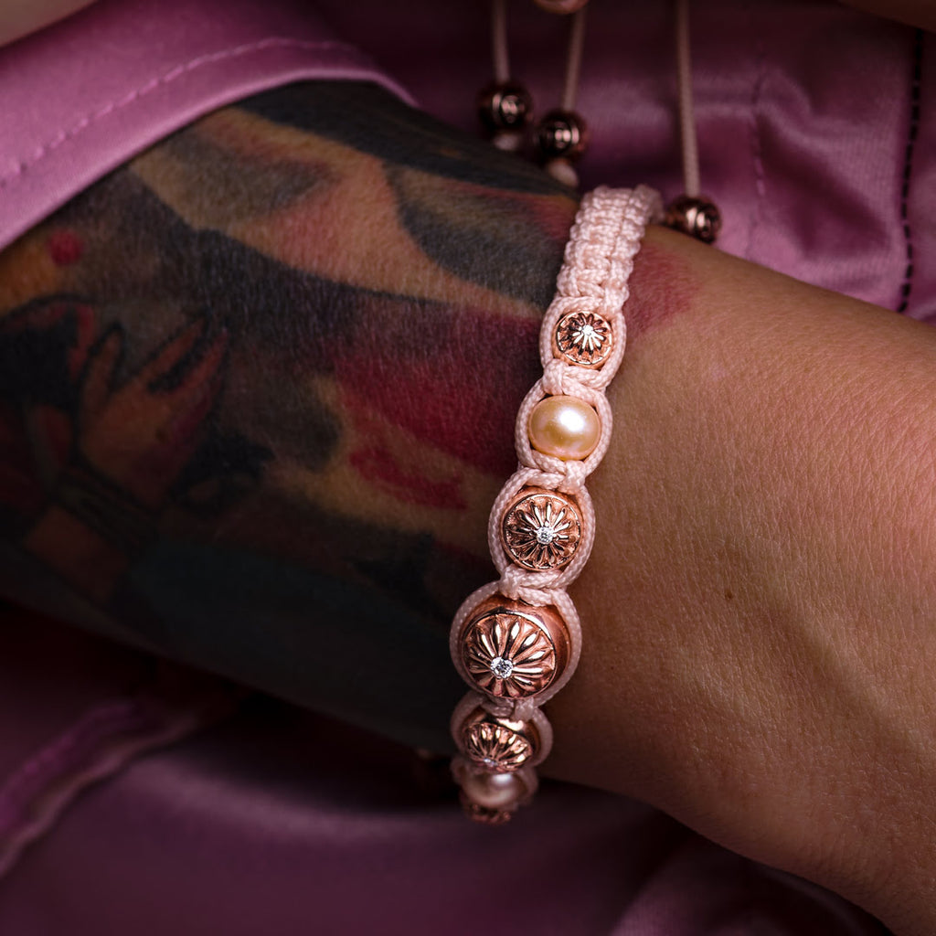 rose gold macrame bracelet in pink - the sakura polaris bracelet