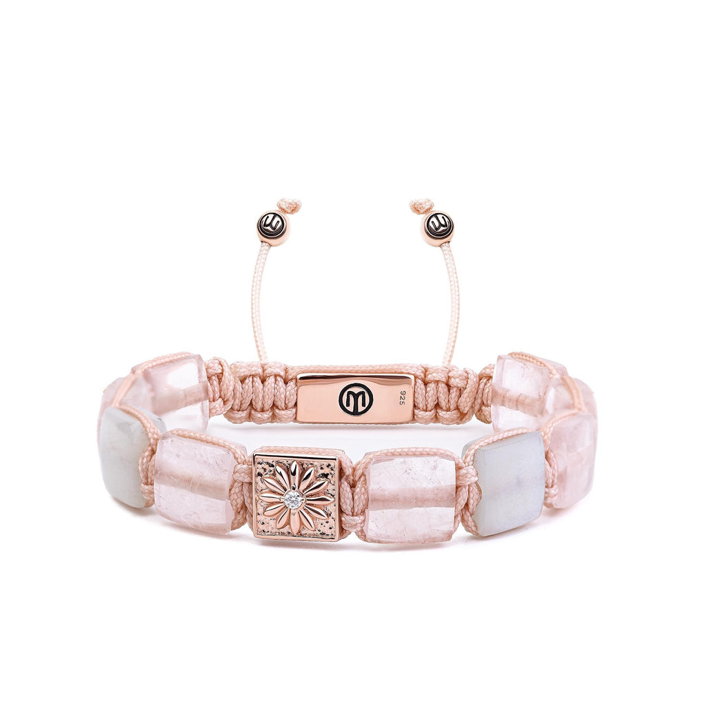 flat square bead shamballa bracet with rose quartz, moonstone and pink cord - the sakura quadra bracelet