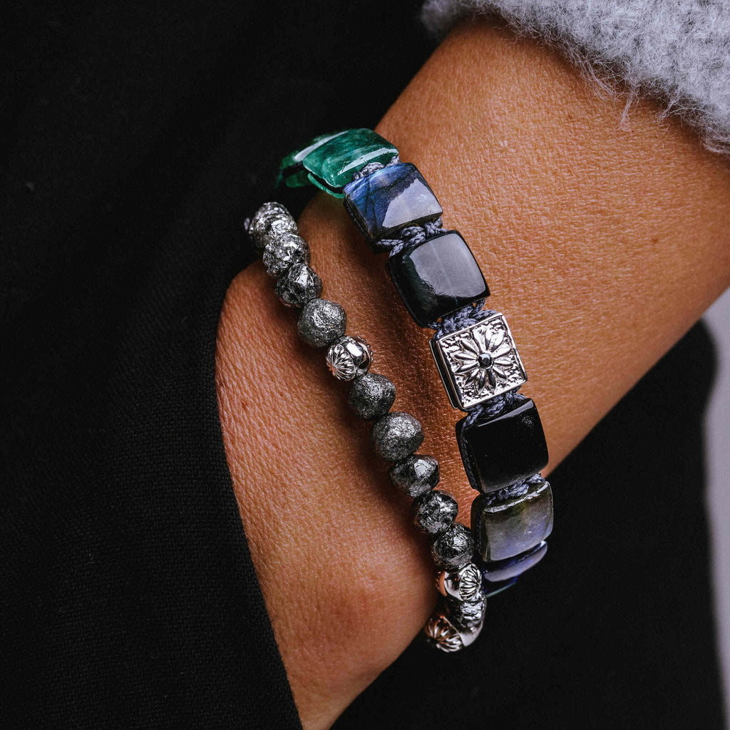 woman wearing shamballa braided bracelet with natural stones and silver by mahigan jewelry