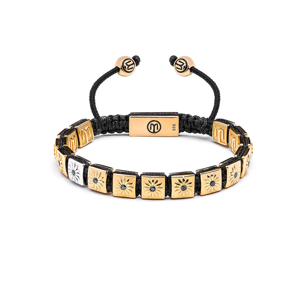 gold macrame bracelet with black moissanites and black string 