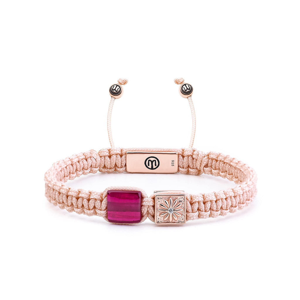 rose gold macrame bracelet with ruby and pink string 
