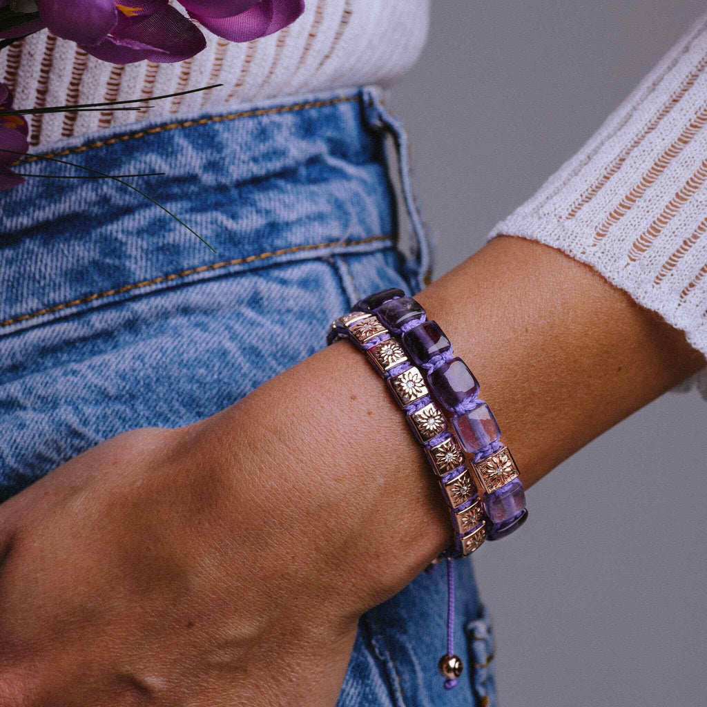 purple shamballa bracelet stack with rose gold - the lavender stack by mahigan 