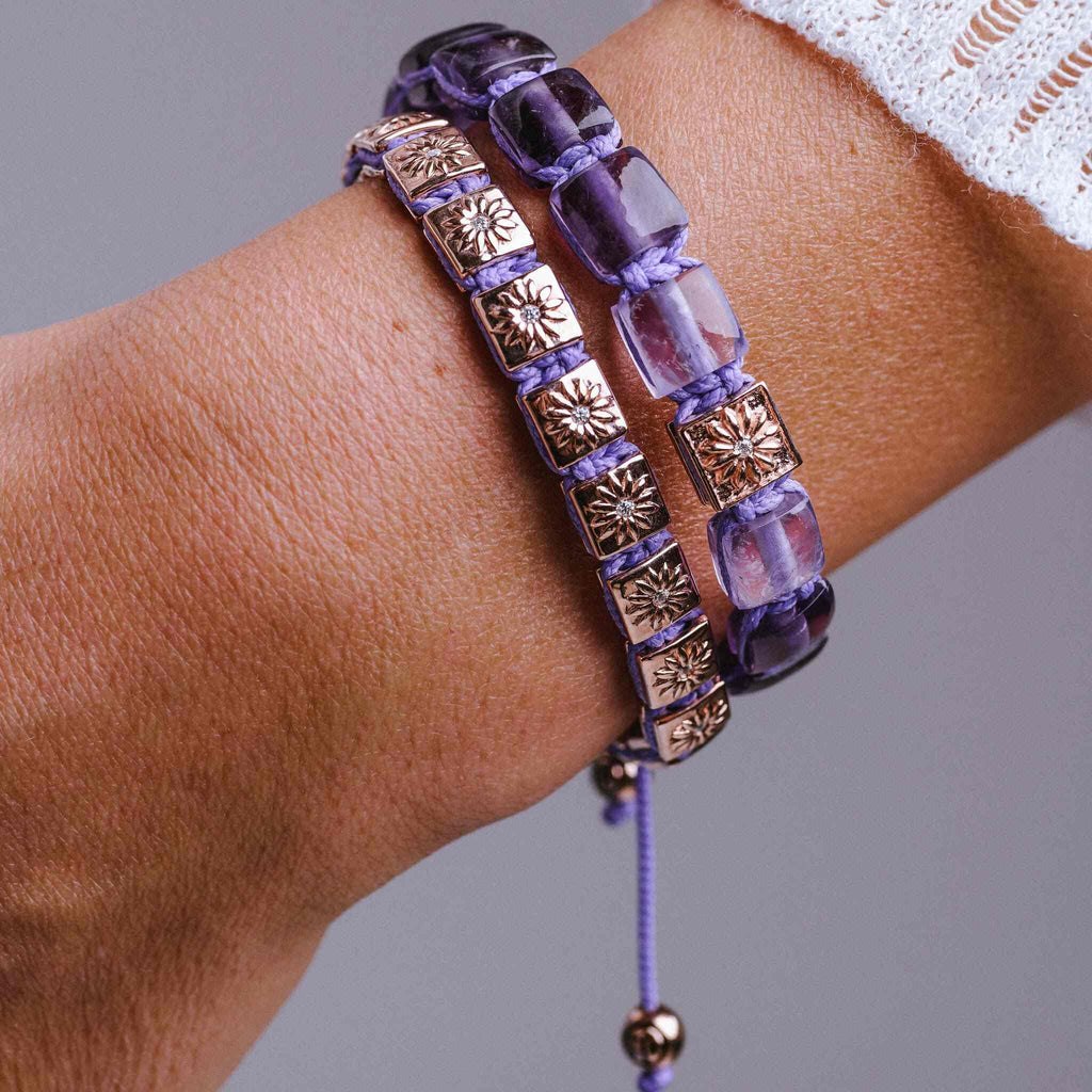 amethyst bracelet with rose gold alongisde the rose gold shamballa bracelet "the sun worshipper"