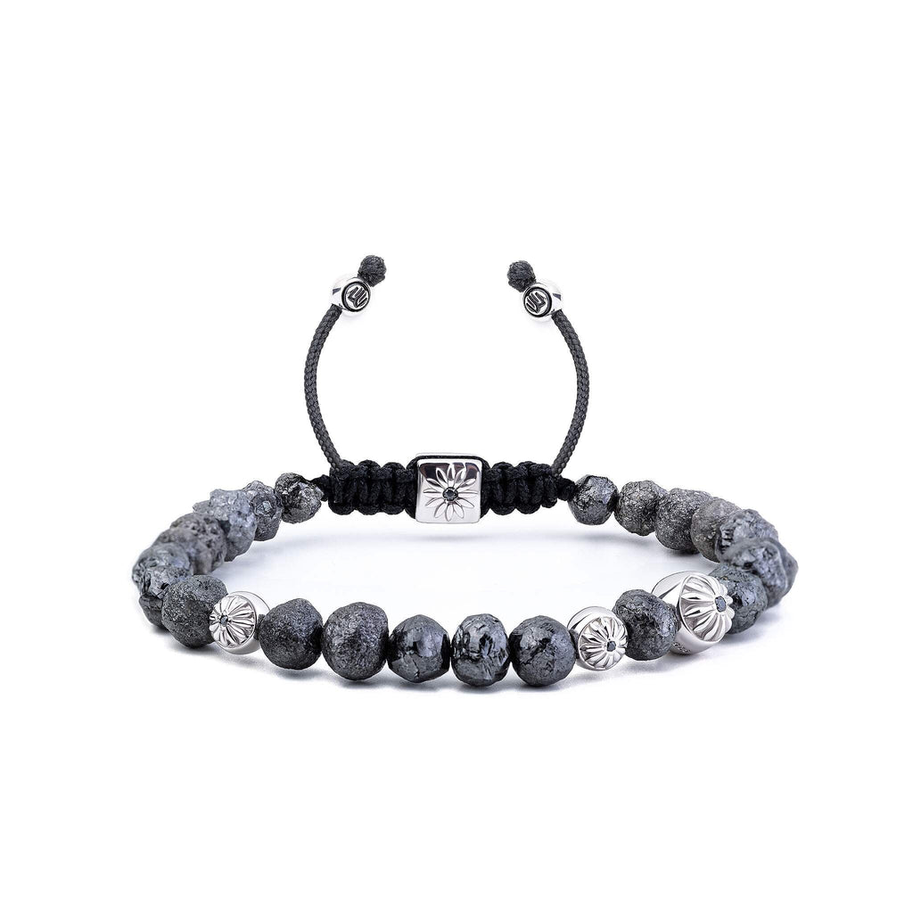 grey raw diamond beaded bracelet with silver and black string 