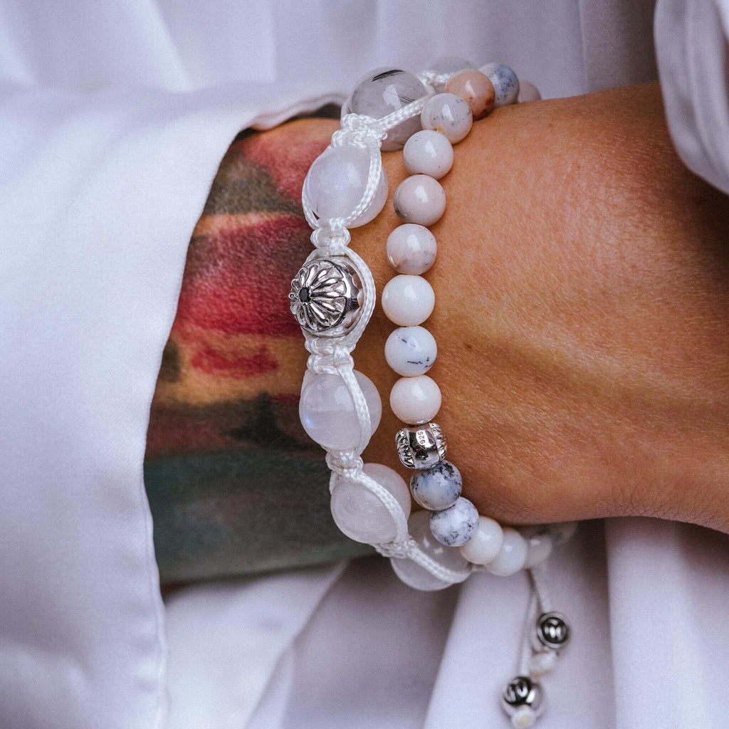 white bracelet stack in silver with moonstone and white agate by Mahigan Jewelry 