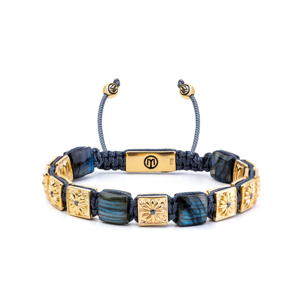 macrame bracelet in gold with dark grey string and labradorite " the noble"