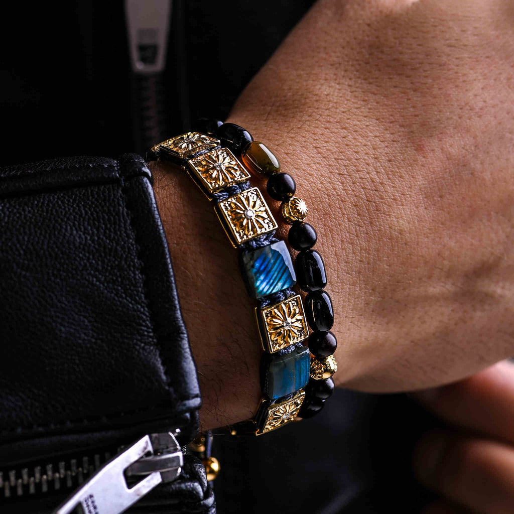 men wearing gold  Bracelet with grey string and labradorite "the ray dancer"