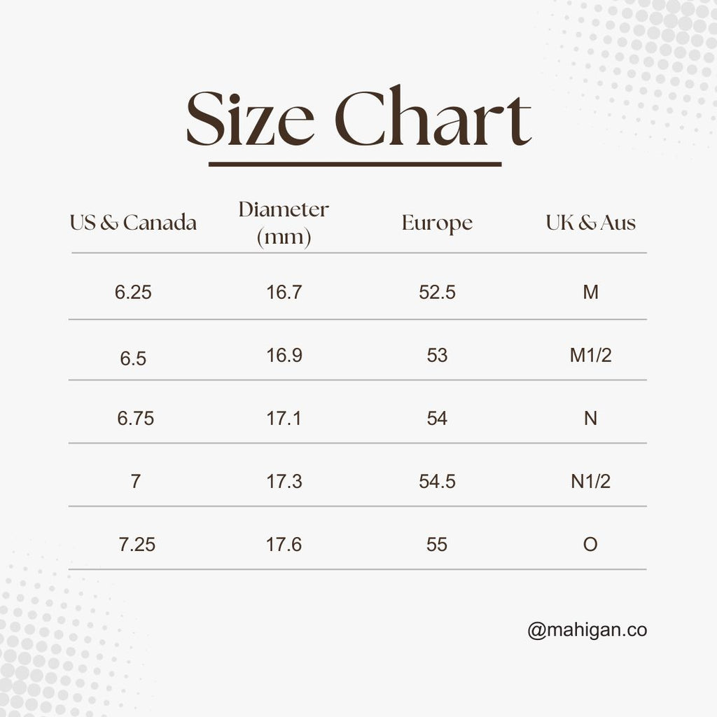 Size chart for rings comparing US/Canada, Diameter, Europe, and UK/Aus measurements.