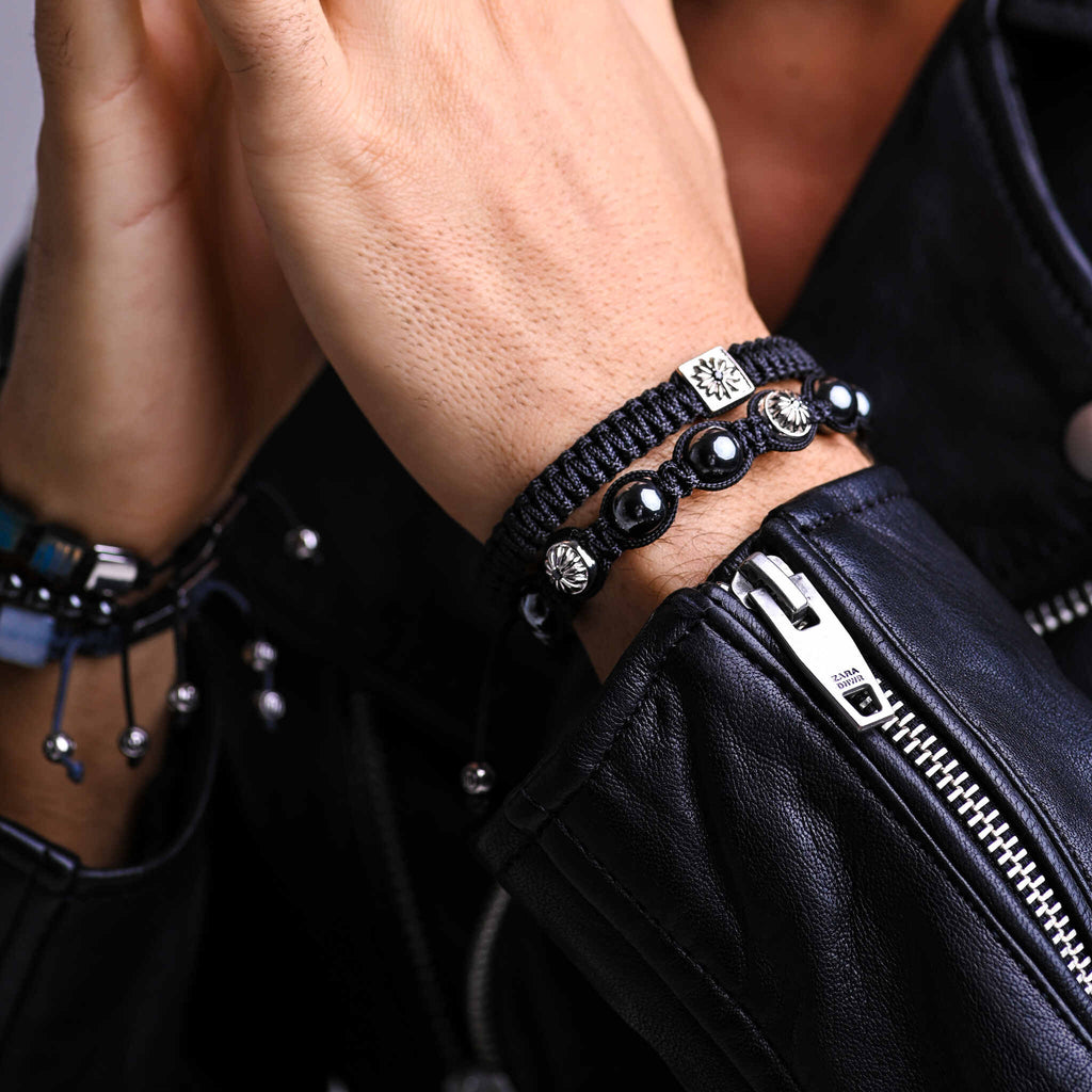 men wearing silver bracelet with hematite the maverick 