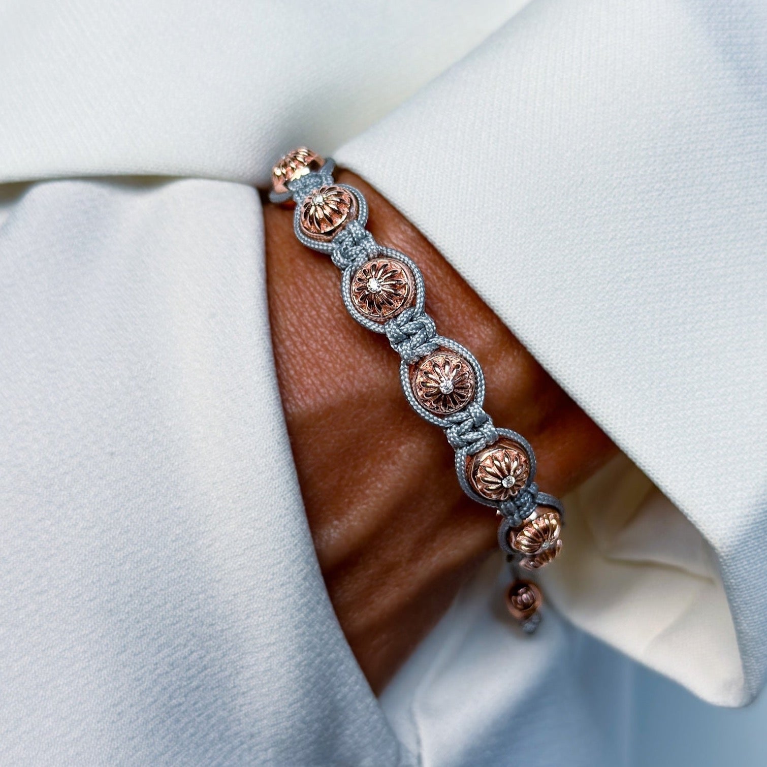 Macramé Bracelet with White Moissanites and Rose Gold