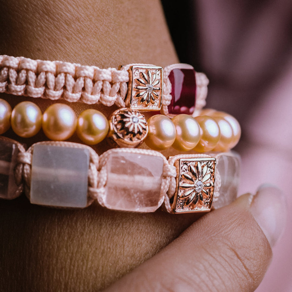close look at rose gold pink bracelet stack "the sakura" by mahigan jewelry