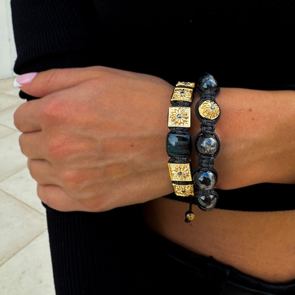  braided bracelets with black tourmalines in gold  the maverick and the guardian 