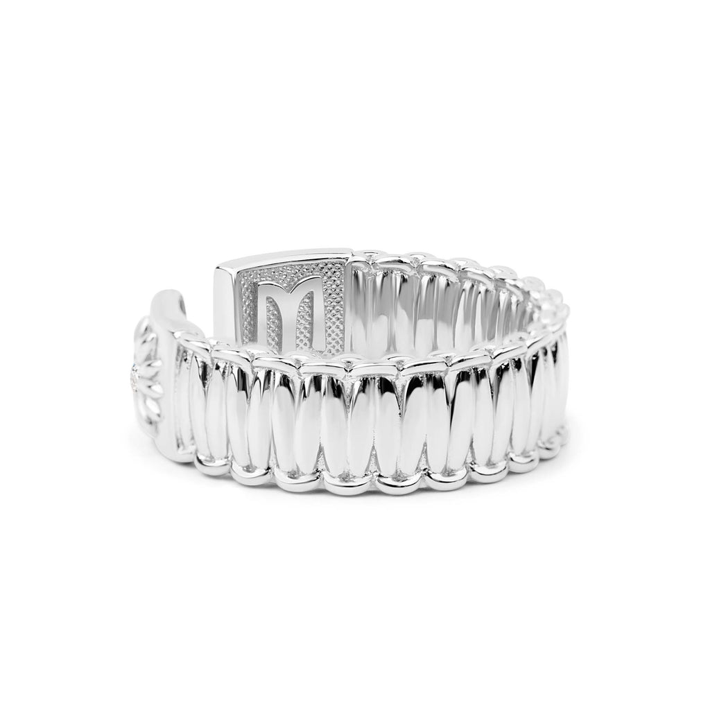 Silver cuff ring on a white background
