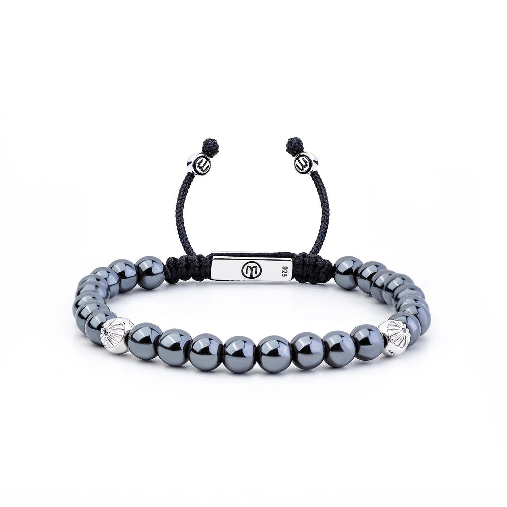 hematite beaded bracelet with silver and black string 